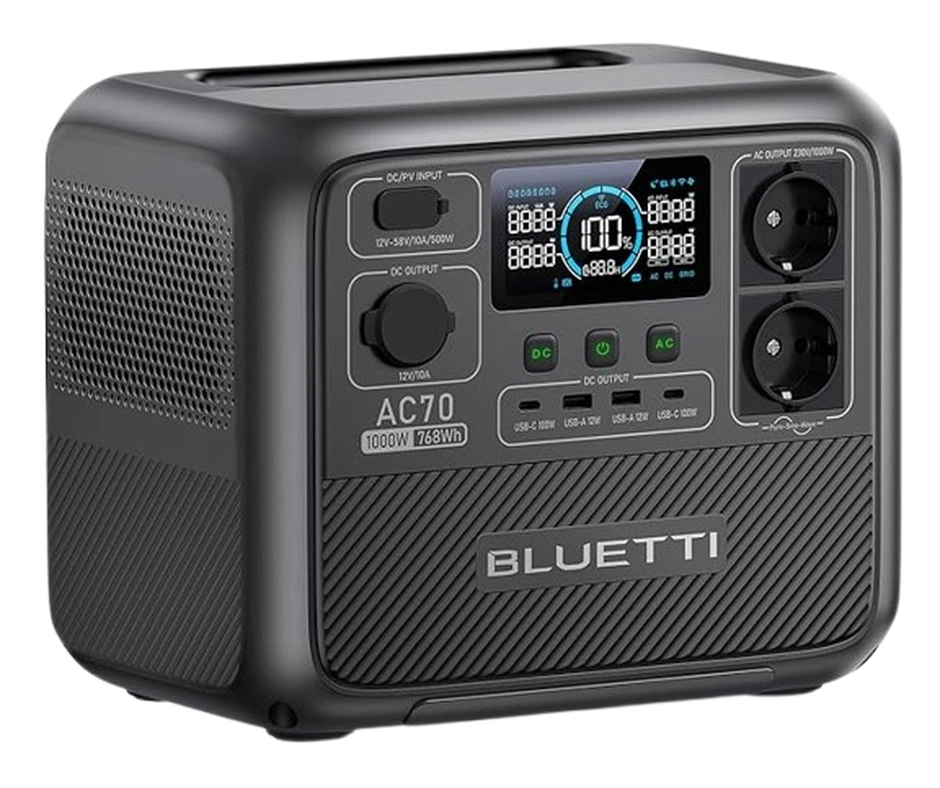 Generador solar portátil BLUETTI AC70 1000W para camping, emergencias y exteriores